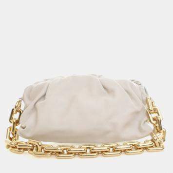 Pre Owned Bottega Veneta White Lambskin The Chain Pouch