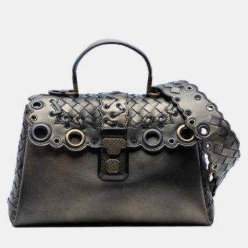 Pre Owned Bottega Veneta Brown Small Intrecciato Trimmed Metallic Nappa Grommet Piazza Satchel