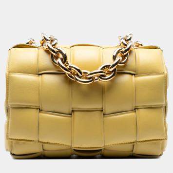Pre Owned Bottega Veneta Yellow Nappa Intrecciato Padded Chain Cassette Satchel