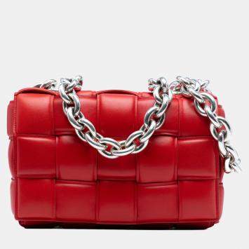 Pre Owned Bottega Veneta Red Nappa Intrecciato Padded Chain Cassette Satchel