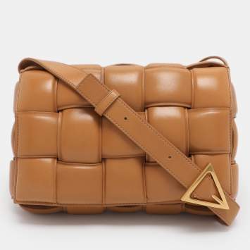 Pre Owned Bottega Veneta Tan Intreccio Leather Padded Cassette Shoulder Bag