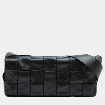 Pre Owned Bottega Veneta Black Stretch Paper Calfskin Intrecciato Cassette Crossbody