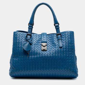 Pre Owned Bottega Veneta Blue Medium Nappa Intrecciato Roma Tote