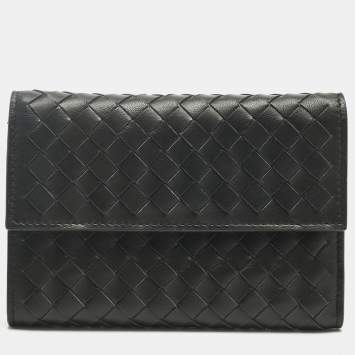 Pre Owned Bottega Veneta Black Intrecciato Leather Trifold Flap Wallet