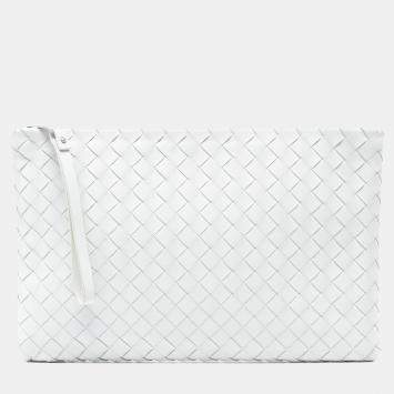 Pre Owned Bottega Veneta White Nappa Intrecciato Wristlet Clutch