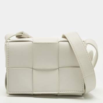 Pre Owned Bottega Veneta Cassette Mini White Intrecciato Leather Crossbody Bag