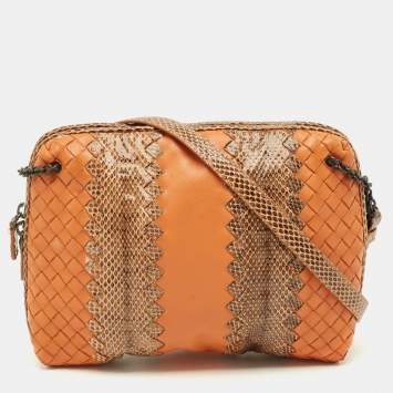 Pre Owned Bottega Veneta Nodini Orange/Brown Intrecciato Leather and Snakeskin Crossbody Bag