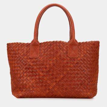 Pre Owned Bottega Veneta Brown Small Lambskin Intreccio Cabat Tote