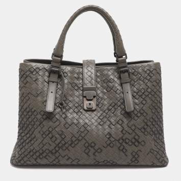 Pre Owned Bottega Veneta Roma Medium Grey Intrecciato Leather Tote