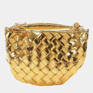 Pre Owned Bottega Veneta Gold Baby Metallic Lambskin Intrecciato Sardine