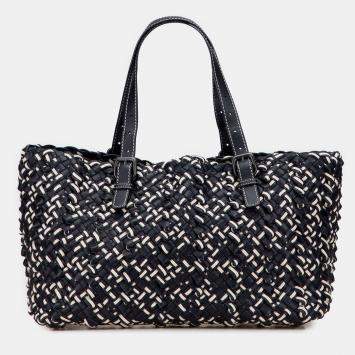 Pre Owned Bottega Veneta Black White Large Leather Intrecciato Lido Tote