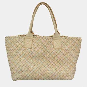 Pre Owned Bottega Veneta Intrecciato Cabas PM Leather Tote Bag Cream