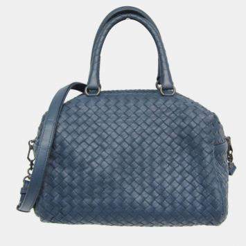 Pre Owned Bottega Veneta Intrecciato Small Boston Bag Leather Shoulder Bag Blue