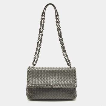 Pre Owned Bottega Veneta Olimpia Small Grey Intrecciato Leather Shoulder Bag