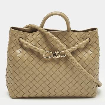 Pre Owned Bottega Veneta Andiamo Medium Tan Intrecciato Leather Tote