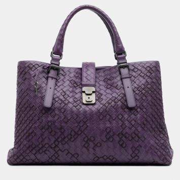 Pre Owned Bottega Veneta Purple Medium Nappa Intrecciato Stitched Roma Tote