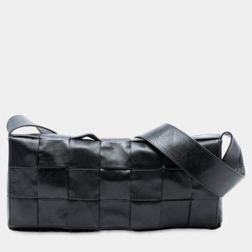 Pre Owned Bottega Veneta Black Stretch Paper Calfskin Intrecciato Cassette Crossbody