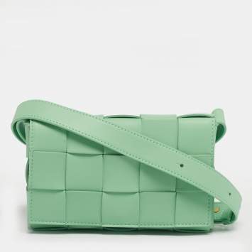 Pre Owned Bottega Veneta Cassette Small Light Green Leather Shoulder Bag
