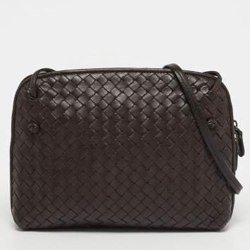 مملوكة مسبقًا Bottega Veneta Nodini Dark Brown Intrecciato Leather Crossbody Bag