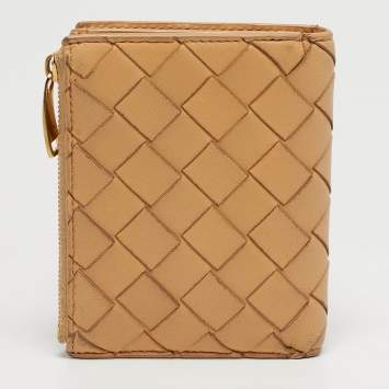 Pre Owned Bottega Veneta Beige Intrecciato Leather Compact Wallet