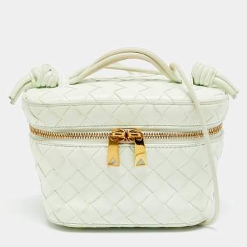 Pre Owned Bottega Veneta Vanity Mini Mint Green Intrecciato Leather Case Bag