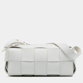 Pre Owned Bottega Veneta White Small Lambskin Intrecciato Brick Cassette