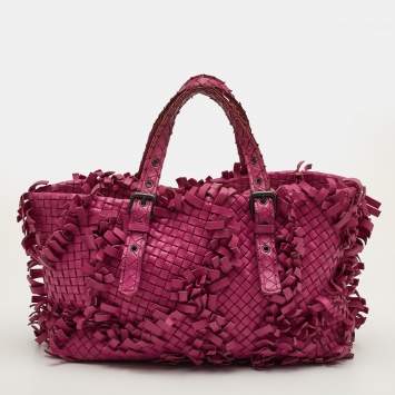 Pre Owned Bottega Veneta Fringe Pink Intrecciato Leather Cabat Tote