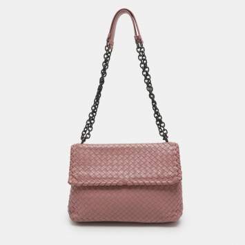 Pre Owned Bottega Veneta Olimpia Medium Pink Intrecciato Leather Shoulder Bag