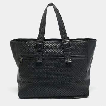 Pre Owned Bottega Veneta Front Zip Black Intrecciato Leather Tote