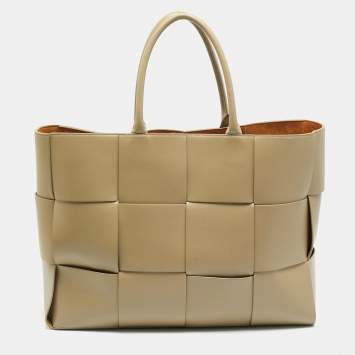 Pre Owned Bottega Veneta Acro Large Beige Intreccio Leather Tote
