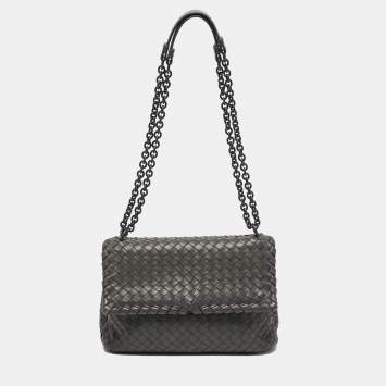 Pre Owned Bottega Veneta Olimpia Small Grey Intrecciato Leather Shoulder Bag
