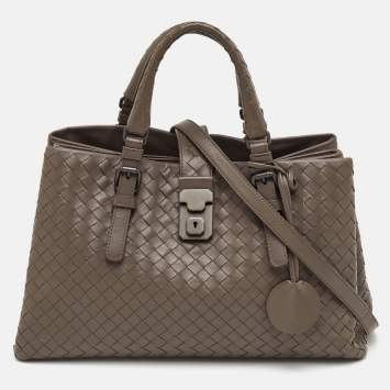 Pre Owned Bottega Veneta Roma Small Taupe Grey Intrecciato Leather Tote