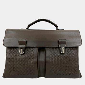 Pre Owned Bottega Veneta Brown Intrecciato Trimmed Nappa Business Bag