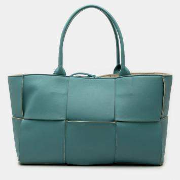 Pre Owned Bottega Veneta Blue Medium Nappa Maxi Intrecciato Arco Tote