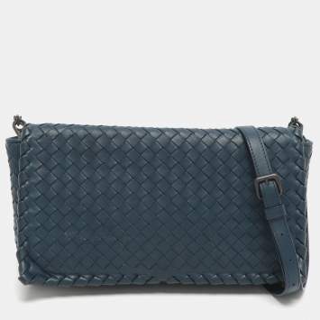 Pre Owned Bottega Veneta Blue Intrecciato Leather Flap Crossbody Bag