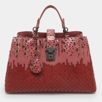 Pre Owned Bottega Veneta Flow Wave Small Red/Pink Intrecciato Leather and Snakeskin Tote