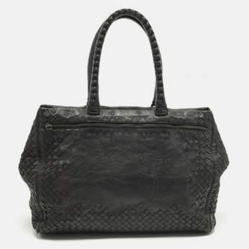 Pre Owned Bottega Veneta Double Zip Detail Black Intrecciato Leather Tote