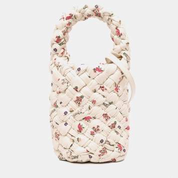 Pre Owned Bottega Veneta White Small Floral Printed Leather Intrecciato Kalimero Bucket Bag