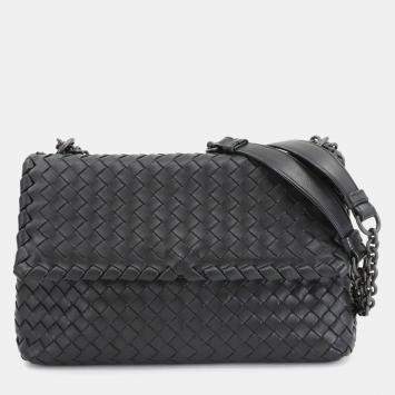Pre Owned Bottega Veneta Intrecciato Olympia Small Chain Shoulder Bag In Black Leather