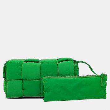 Pre Owned Bottega Veneta Green Fabric Padded Tech Cassette Bag