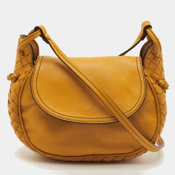 Pre Owned Bottega Veneta Nodini Mustard Yellow Intrecciato Leather Flap Crossbody Bag