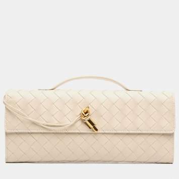 Pre Owned Bottega Veneta White Lambskin Intrecciato Andiamo Clutch