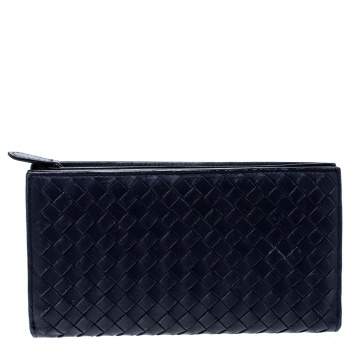 Pre Owned Bottega Veneta Blue Intrecciato Leather Trifold Continental Wallet