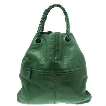 Pre Owned Bottega Veneta Green Leather Braided Handle Hobo