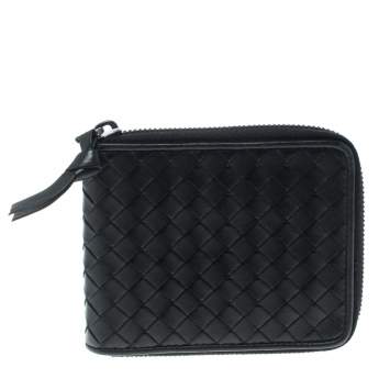 Pre Owned Bottega Veneta Black Intrecciato Leather Zip Around Wallet