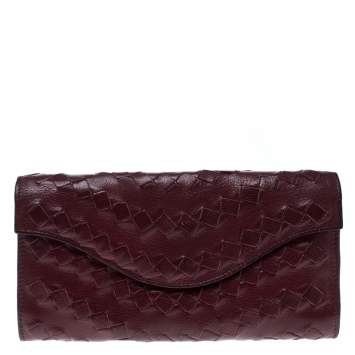 Pre Owned Bottega Veneta Maroon Intrecciato Leather Continental Wallet