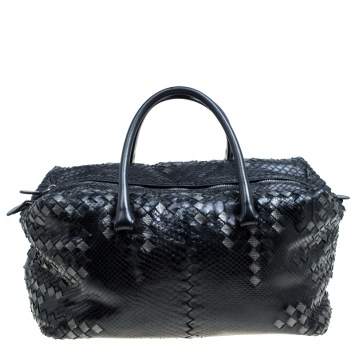 Pre Owned Bottega Veneta Black Python and Leather Intrecciato Detail Brick Bag