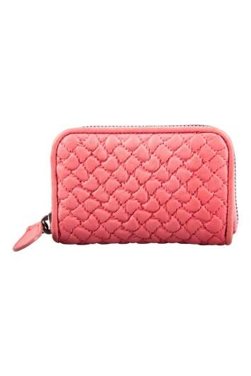 Pre Owned Bottega Veneta Coral Pink Leather Mini Zip Around Wallet