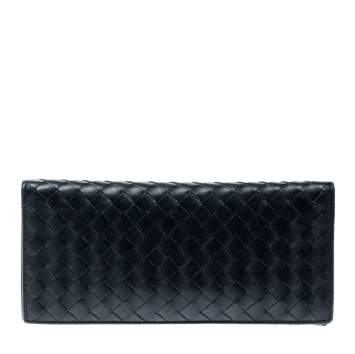 Pre Owned Bottega Veneta Blue Intrecciato Leather Long Wallet