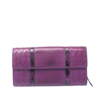 Pre Owned Bottega Veneta Purple Leather and Snakeskin Trim Flap Continental Wallet